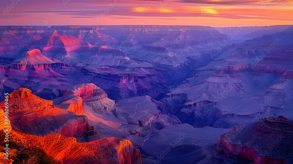 Obraz premium The Grand Canyon at dawn, with layers of rock formations illuminated in a palette of red, orange, and purple hues. creating a dramatic and serene landscape.