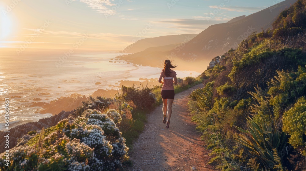 Obraz premium Woman running along a scenic coastal path, early morning light, invigorating fitness activity, healthy lifestyle