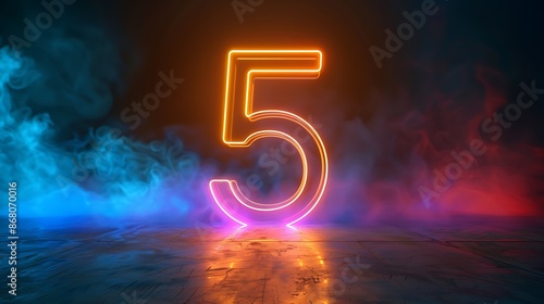 The image shows a 3D rendering of the number 5 in neon orange floating above a reflective surface.