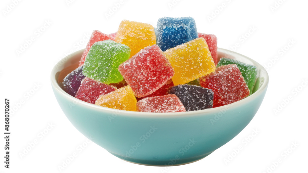 Sugar coated gelatin gummy sweets in bowl on transparent background Sugar coated gelatin gummy sweets in bowl on transparent background