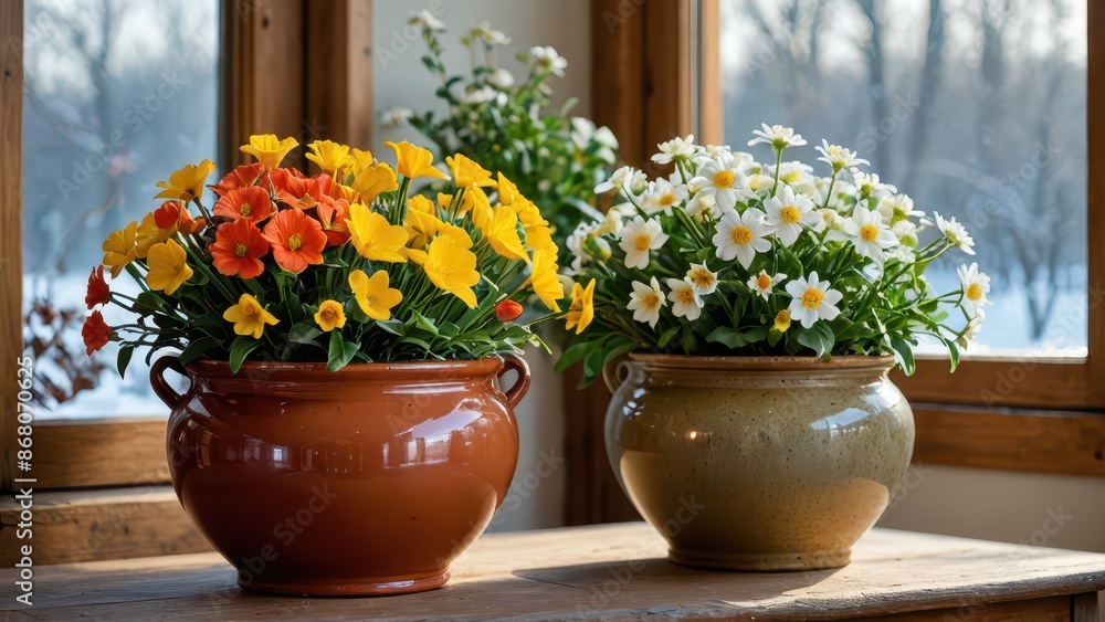 Two pots of flowers on a wooden table. Two pots of flowers on a wooden table.