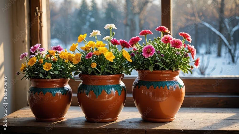Three Pots of Colorful Flowers on a Windowsill. Three Pots of Colorful Flowers on a Windowsill.
