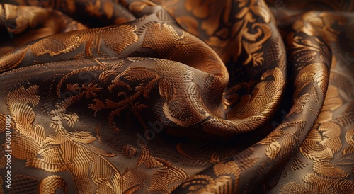 Close Up of Brown Fabric With Gold Floral Pattern