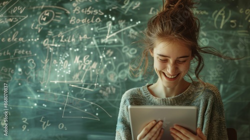  A young woman has a happy expression on her tablet phone. Then there were many mathematical images and physical formulas flying out, against the same colored background.