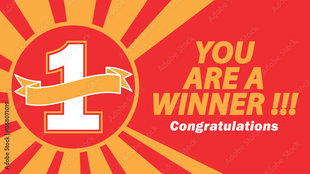 Winner congratulations concept vector design in yellow and red colors. first place win competition. Winner congratulations concept vector design in yellow and red colors. first place win competition.