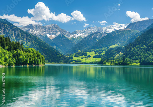 A stunning view of the green mountain lake in Austria, with snow-capped mountains and lush forests surrounding it.