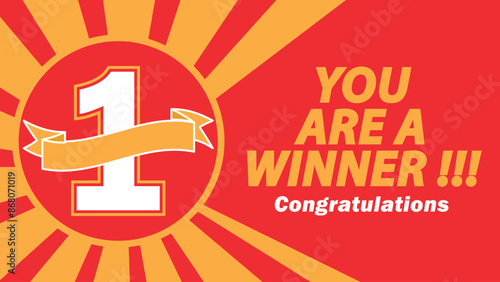 Winner congratulations concept vector design in yellow and red colors. first place win competition.
