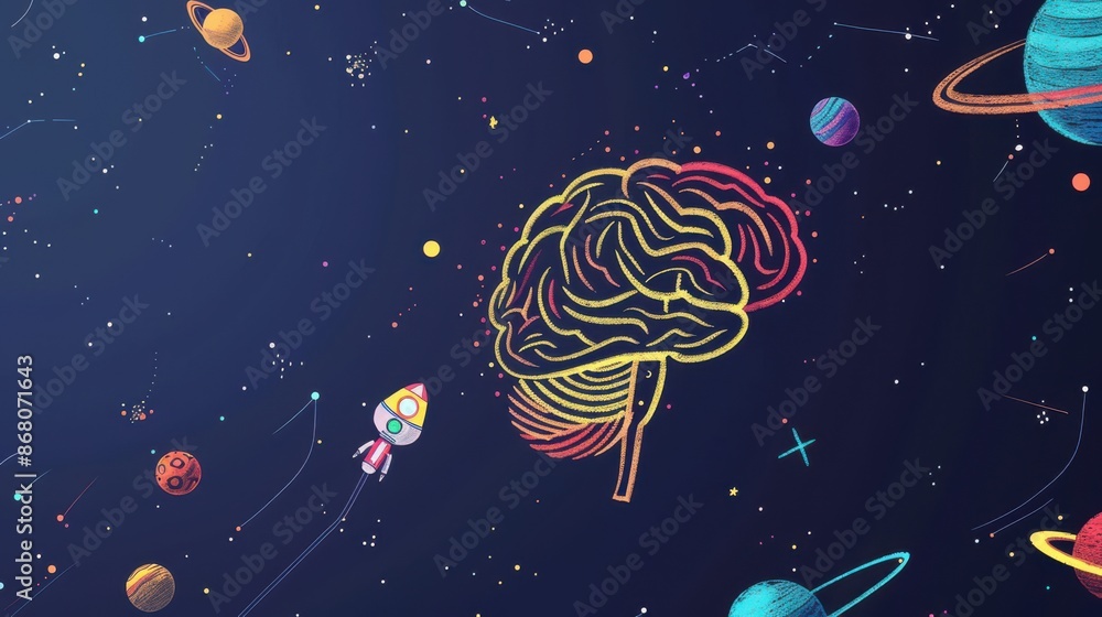 Illustration of a brain in space with planets, stars, and a rocket, signifying creativity, imagination, and exploration. Illustration of a brain in space with planets, stars, and a rocket, signifying creativity, imagination, and exploration.