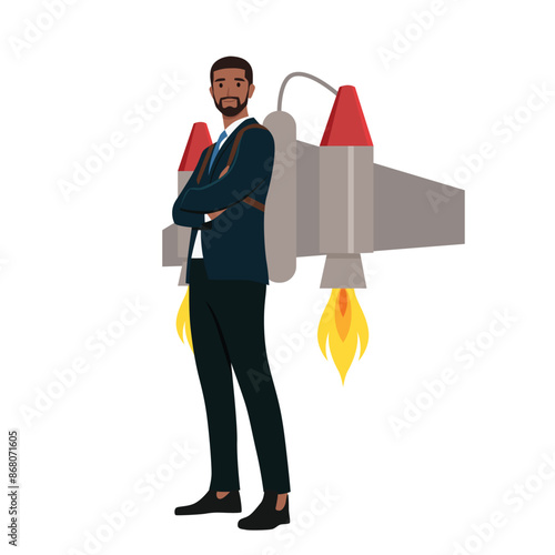 Young cheerful businessman flying off with jet pack. Flat vector illustration isolated on white background