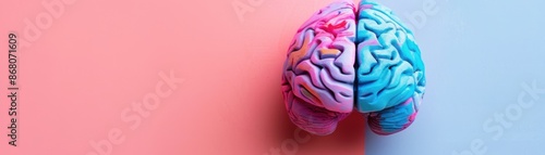 Colorful brain model representing creativity and logic, placed on split pink and blue background. Concept of mental health and brain function. photo