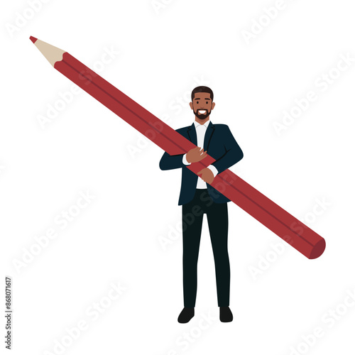 Young businesman creative hold big pencil. Businessman journalist. Flat vector illustration isolated on white background