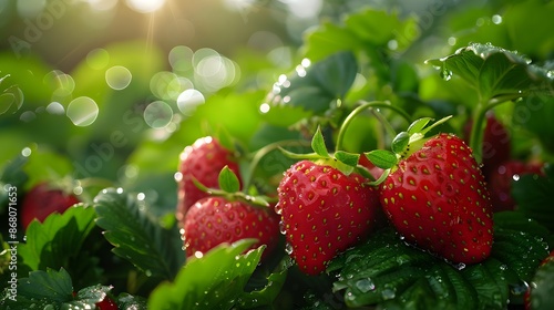 Lush strawberry fields under the warm afternoon sun, ripe berries glistening with dewdrops, nestled among vibrant green leaves, a feast for the eyes in their natural bounty.
