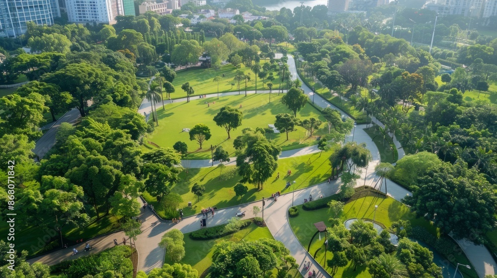Obraz premium Urban Oasis: A Bird's Eye View of a Public Park in a Bustling City Where People Relax and Jog in the Morning