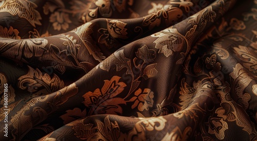 Close Up of Brown Fabric With Gold Floral Pattern