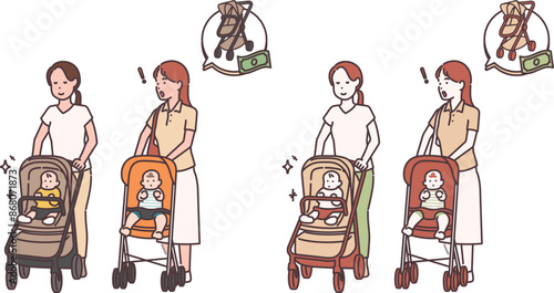 take the baby for a walk in the expensive stroller and low cost stroller