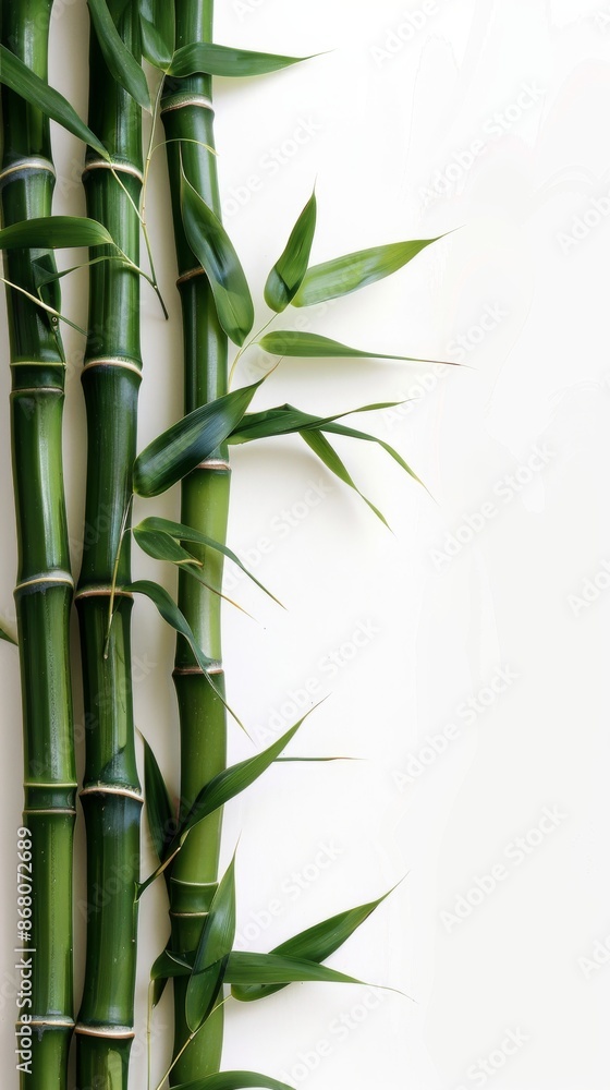 Fototapeta premium Green bamboo stems with leaves on white background, minimalist nature concept