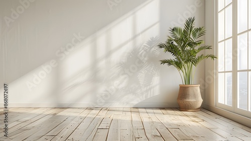 Wallpaper Mural An empty room with a light wooden floor and white wall, no furniture or decor elements present, a large window on the right side allows for natural lighting, a subtle plant in a vase near the corner. Torontodigital.ca