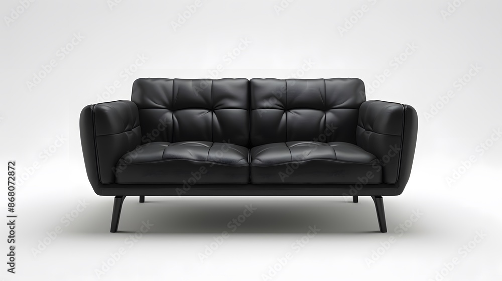 Fototapeta premium Sleek black leather sofa isolated on white background, 3D rendering, HD, perspective angle view, showcasing the elegance of modern furniture design.