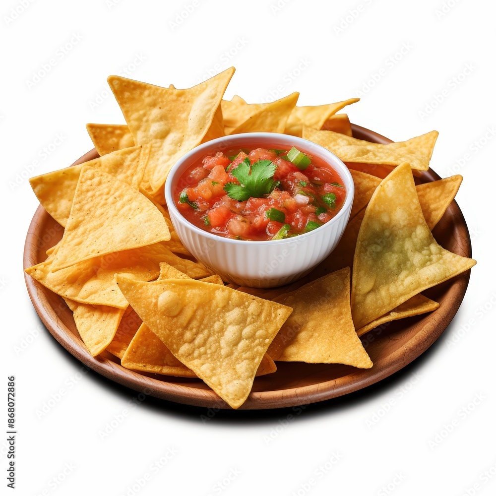 Tortilla Chips with Salsa on a Wooden Plate Tortilla Chips with Salsa on a Wooden Plate