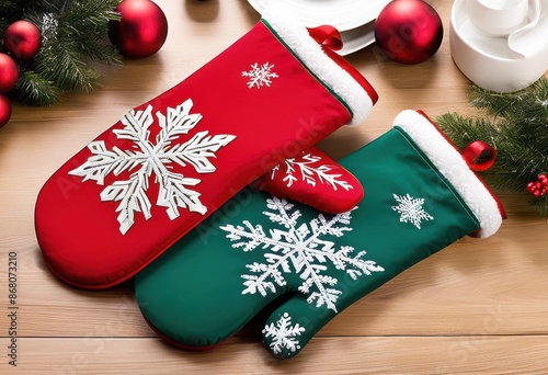 festive christmas oven mitts cooking baking, holiday, red, green, snowflakes, winter, seasonal, celebration, traditional, santa, claus, reindeer, snowman photo