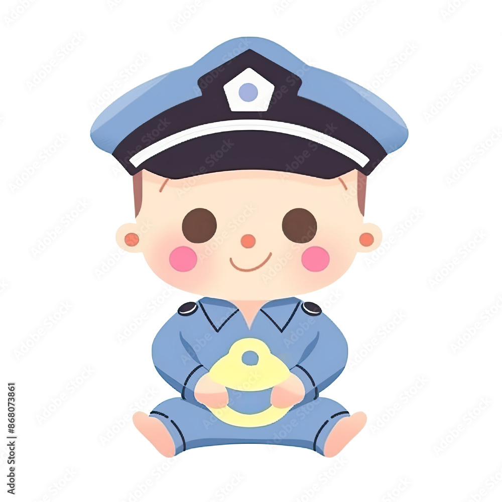 An illustration of a cute baby dressed as a police officer, sitting down An illustration of a cute baby dressed as a police officer, sitting down