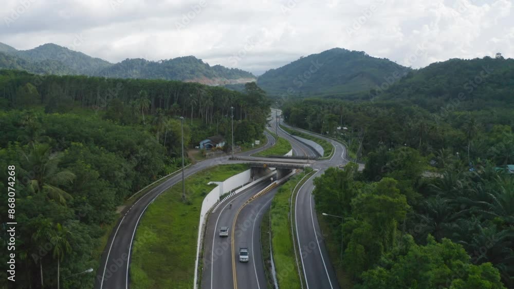 Aerial view of cars driving on highway or moterway. Overpass bridge street roads in connection network of architecture concept. Top view of forest trees. Nature landscape Aerial view of cars driving on highway or moterway. Overpass bridge street roads in connection network of architecture concept. Top view of forest trees. Nature landscape