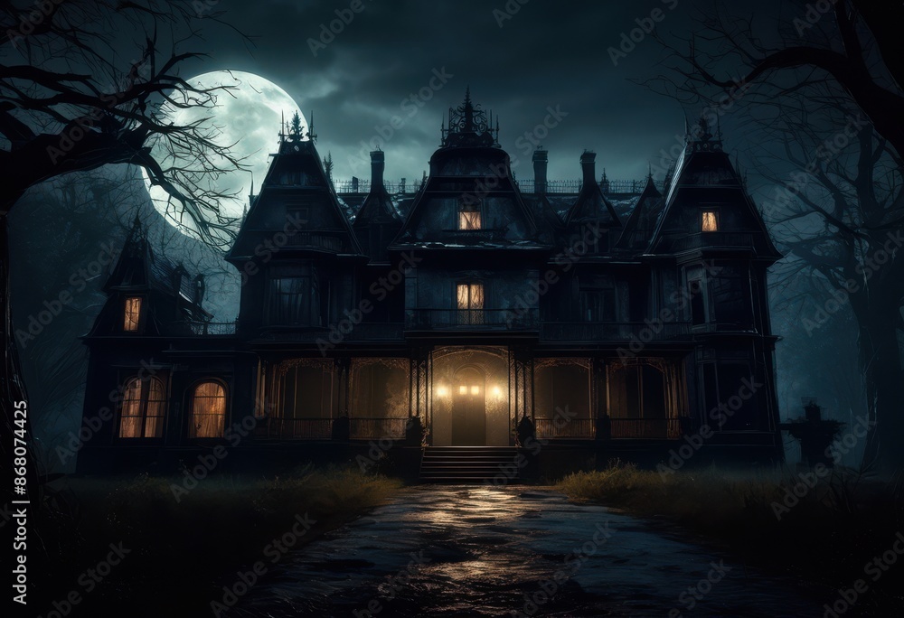 eerie mansion illuminated windows haunted house spooky atmosphere, creepy, glowing, ghostly, scary, darkness, architecture, lighted, panes, ominous eerie mansion illuminated windows haunted house spooky atmosphere, creepy, glowing, ghostly, scary, darkness, architecture, lighted, panes, ominous