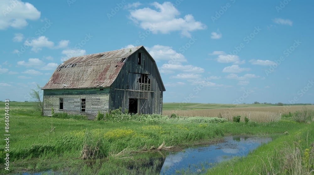 Weathered barn with a deteriorating roof in a green field near a blue water ditch on a sunny spring day Weathered barn with a deteriorating roof in a green field near a blue water ditch on a sunny spring day