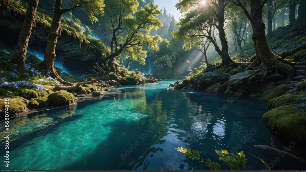 Naklejka premium Sunbeams Through a Forest River.