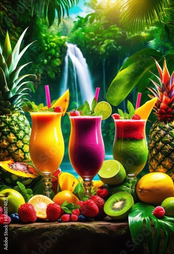 colorful tropical smoothies amid lush jungle fresh fruits blending exotic setting, paradise, vibrant, delicious, healthy, refreshing, natural, organic