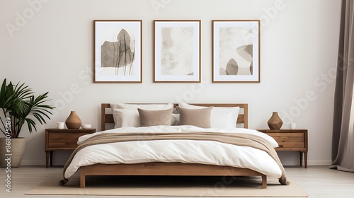 The image shows a bedroom with a neatly made bed a blank white wall and three empty picture frames