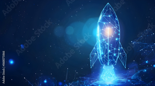 A blue glowing light bulb transforms into a rocket launch, surrounded by a wireframe light connection structure, in a low poly style design with an abstract geometric background, creating a striking m