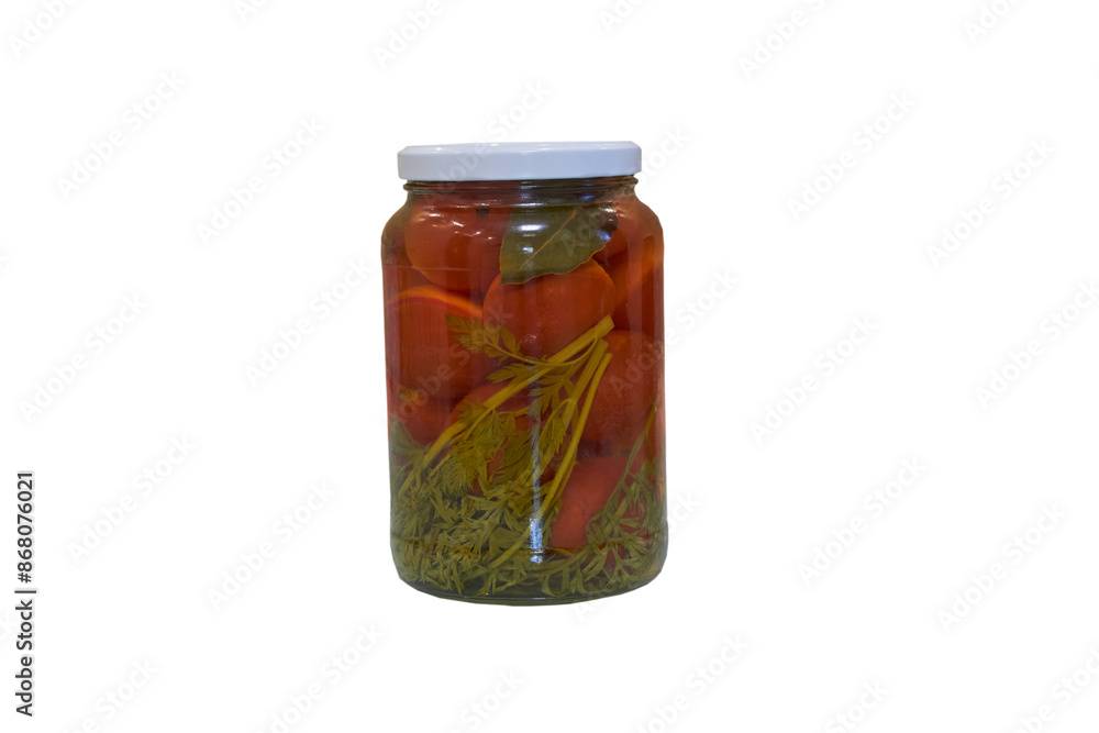 can of tomatoes isolated, Preserved red tomatoes in glass jar on white background can of tomatoes isolated, Preserved red tomatoes in glass jar on white background