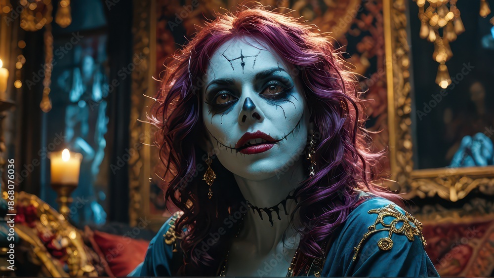 Woman in a blue gown with a creepy smile. Woman in a blue gown with a creepy smile.