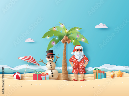 Santa and Snowman Celebrating Christmas on the Beach