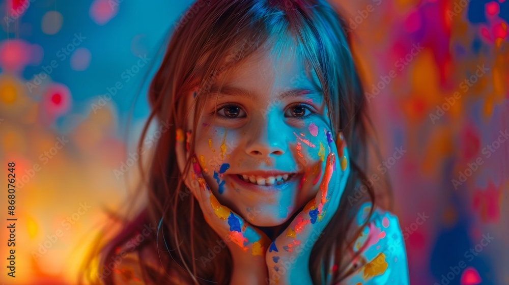Portrait of a cute, smiling girl with paint painted on her face. Have fun playing shots. Portrait of a cute, smiling girl with paint painted on her face. Have fun playing shots.