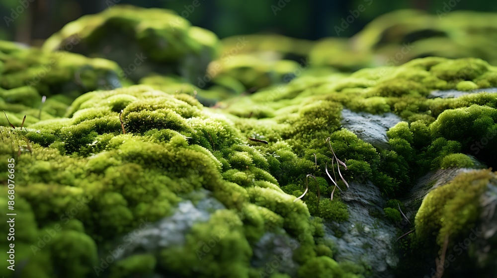 The image shows a close-up of a mossy stone surface with green patches. The image shows a close-up of a mossy stone surface with green patches.