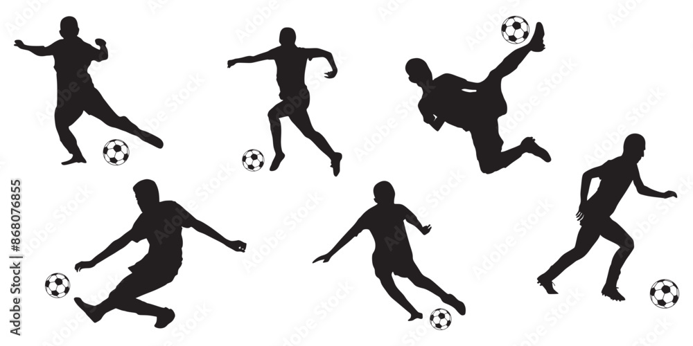 Set Of Beautiful Footballers In Action, Player And Goalkeeper, Silhouette Editable Vector Of Set. Isolated On Transparent Background. Set Of Beautiful Footballers In Action, Player And Goalkeeper, Silhouette Editable Vector Of Set. Isolated On Transparent Background.