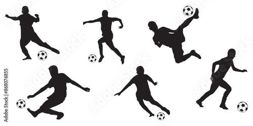 Set Of Beautiful Footballers In Action, Player And Goalkeeper, Silhouette Editable Vector Of Set. Isolated On Transparent Background.