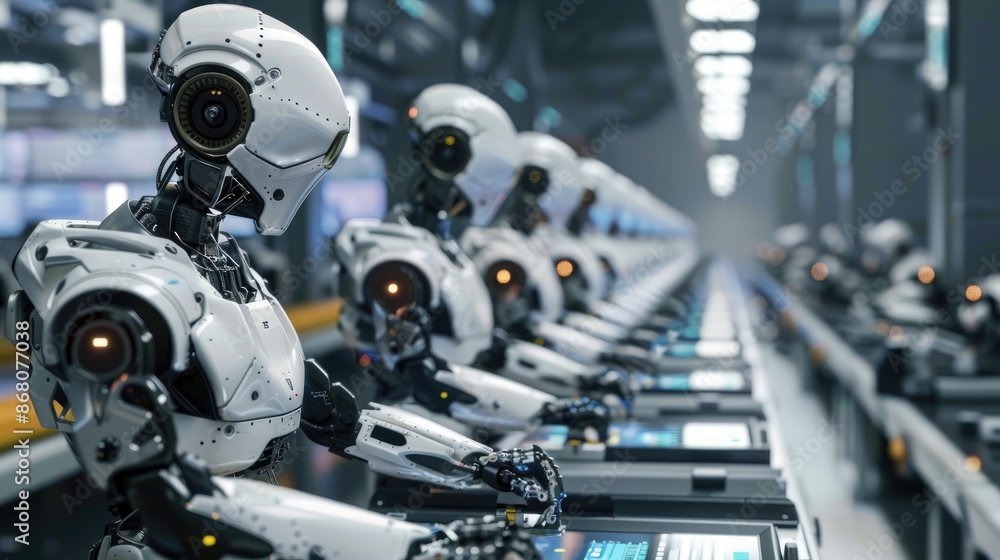 Robotic assembly line in an electronics factory Robotic assembly line in an electronics factory