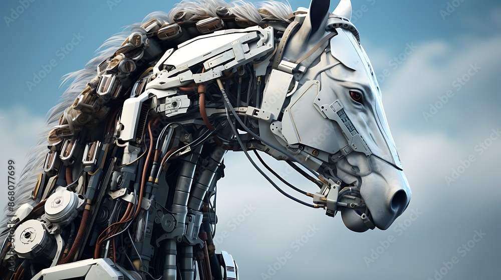 The image shows a close-up of a robotic horse with a complex mechanical ...