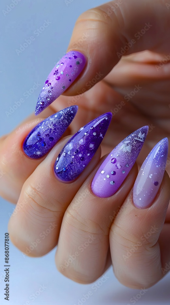 A woman holding purple and white stilts with glitter. A woman holding purple and white stilts with glitter.