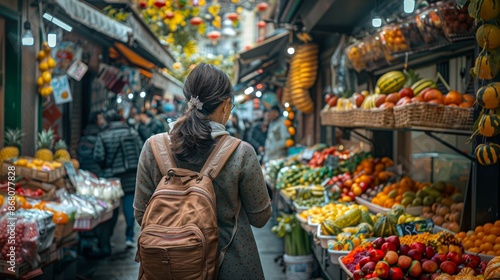Korean woman browsing an outdoor market in Barcelona, autumn produce and decorations on display, [local culture], [seasonal delights]