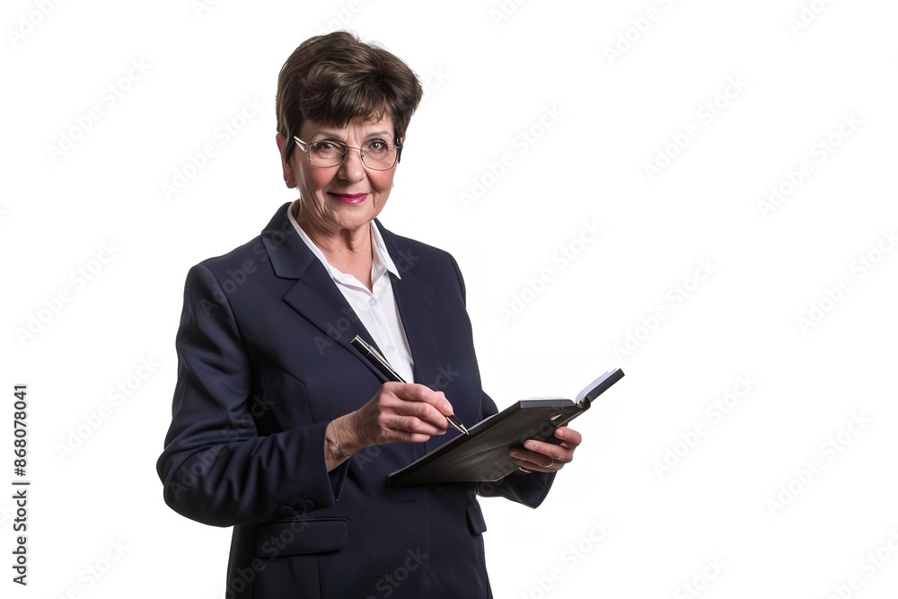 Senior businesswoman smiling, writing in notebook Senior businesswoman smiling, writing in notebook