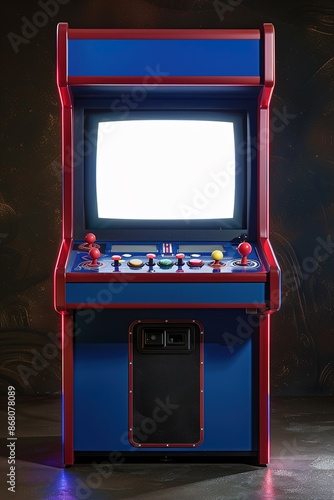 Retro arcade machine with blank screen in dark room.