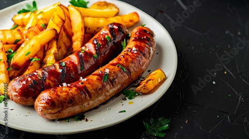 A plate of sausages and fries on a dark table.