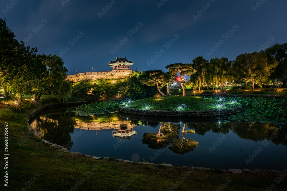 Night view of Hwaseong Fortress, Traditional Architecture of Korea in Suwon, South Korea
Night view of Hwaseong Fortress, Traditional Architecture of Korea in Suwon, South Korea