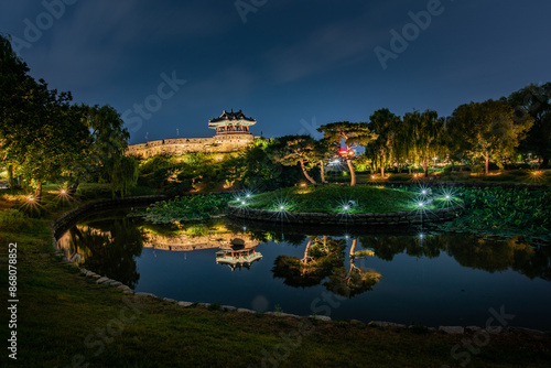 Night view of Hwaseong Fortress, Traditional Architecture of Korea in Suwon, South Korea	
