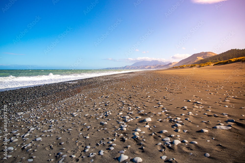 panorama of a beautiful black sand beach in north canterbury near kaikoura; new zealand south island panorama of a beautiful black sand beach in north canterbury near kaikoura; new zealand south island
