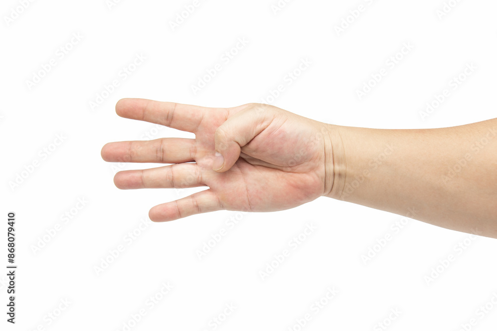 A male four finger number showing isolated on white background A male four finger number showing isolated on white background